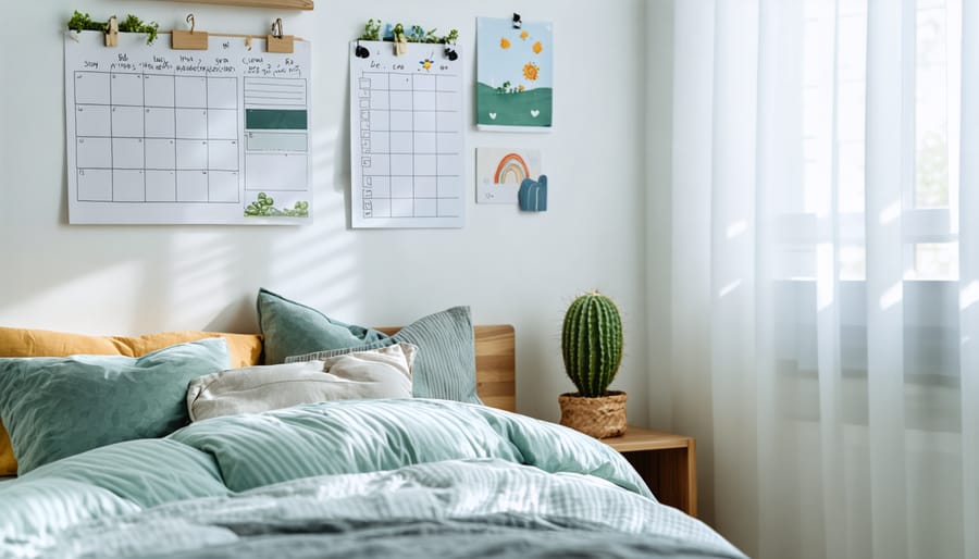 Well-organized child's bedroom with posted daily schedule and calming elements