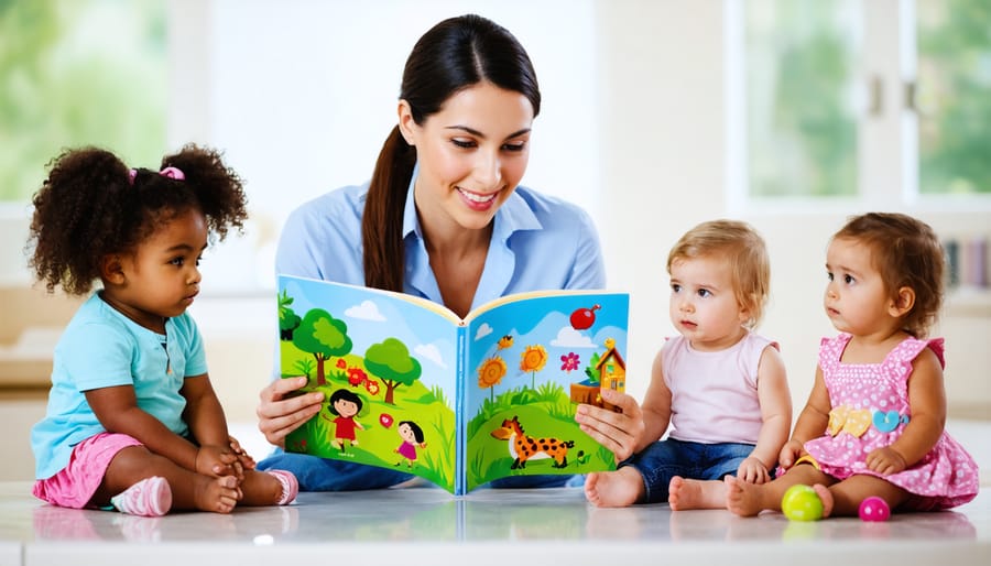 Preschool teacher showing an illustrated health-themed book to children sitting in a circle