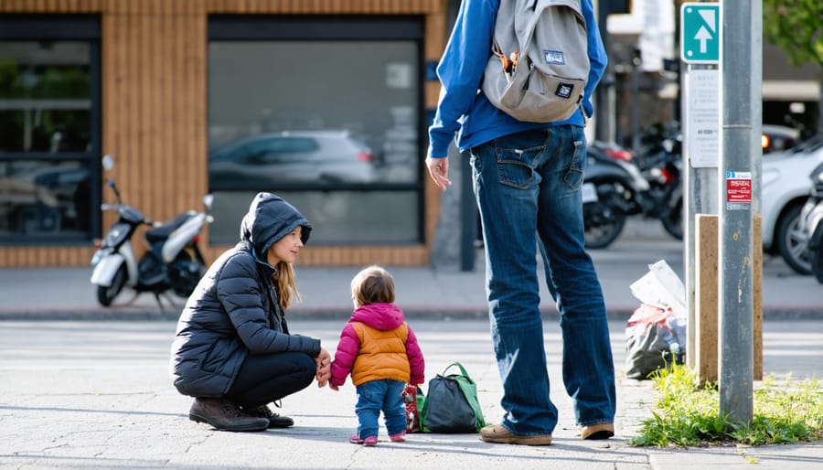 Social worker speaking with homeless mother and children while providing emergency supplies