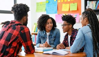 Diverse high school students engaged in a discussion with a school counselor, fostering a supportive environment focused on drug prevention and education.