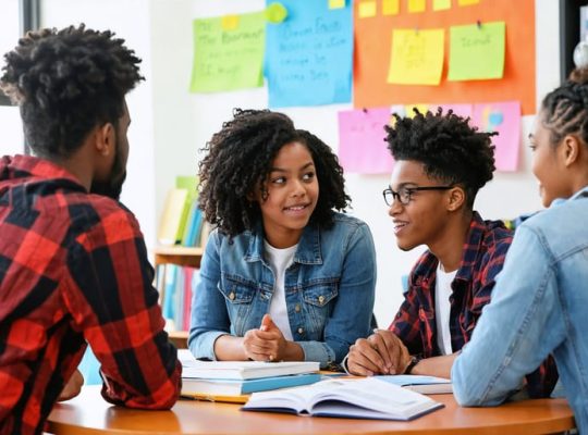 Diverse high school students engaged in a discussion with a school counselor, fostering a supportive environment focused on drug prevention and education.