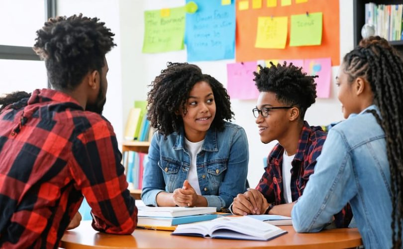 Diverse high school students engaged in a discussion with a school counselor, fostering a supportive environment focused on drug prevention and education.