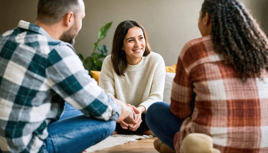 Family gathered in living room having supportive discussion in a comfortable setting