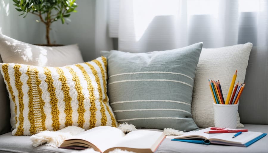 Cozy journaling space with comfortable seating, writing materials, and creative supplies for children