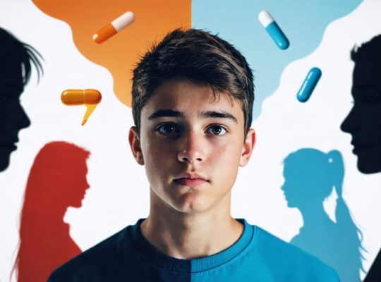 Illustration depicting a teenager facing contrasting influences; peer pressure from shadows and support from parents, symbolizing the internal struggle and importance of guidance.