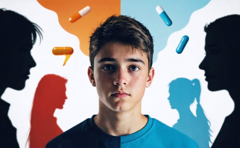 Illustration depicting a teenager facing contrasting influences; peer pressure from shadows and support from parents, symbolizing the internal struggle and importance of guidance.