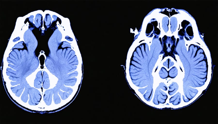 Medical illustration comparing brain activity patterns in trauma-affected versus typical brain development