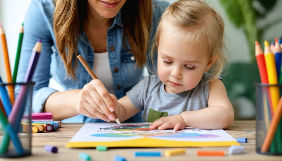 Child engaging in art therapy with a professional counselor in a safe environment