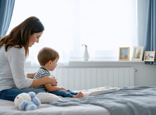 A caring parent sits at the edge of a bed, holding their child's hand in a supportive setting, highlighting understanding following a bipolar diagnosis.