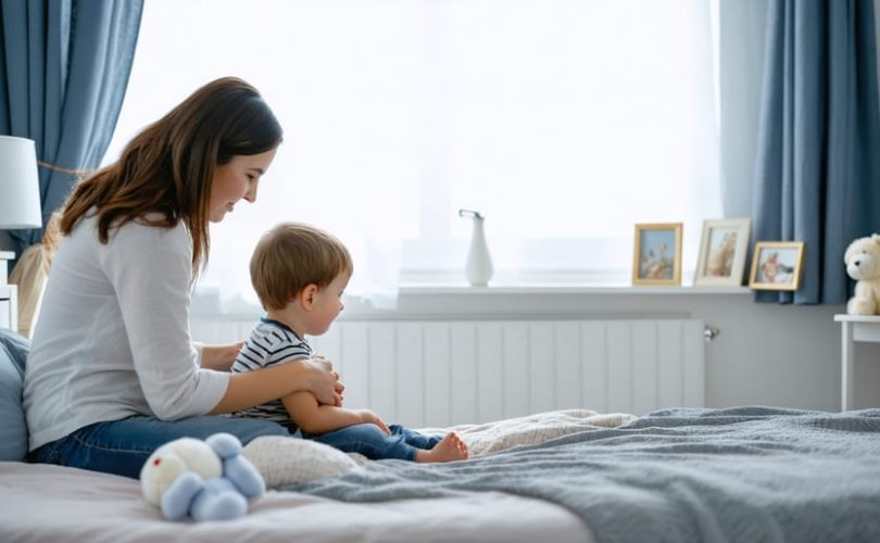 A caring parent sits at the edge of a bed, holding their child's hand in a supportive setting, highlighting understanding following a bipolar diagnosis.