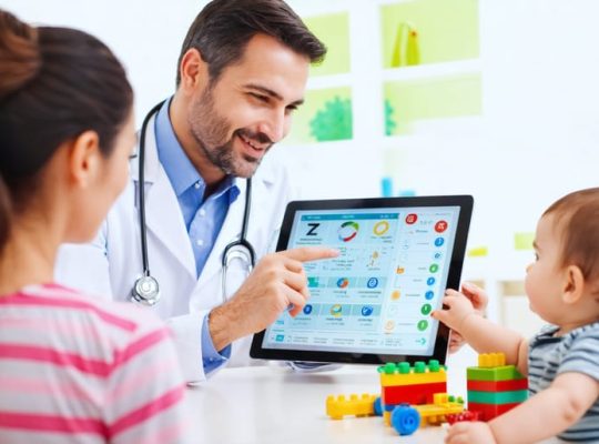 Healthcare provider explaining Z-codes to a parent in a clinic while a child plays with toys in the background.