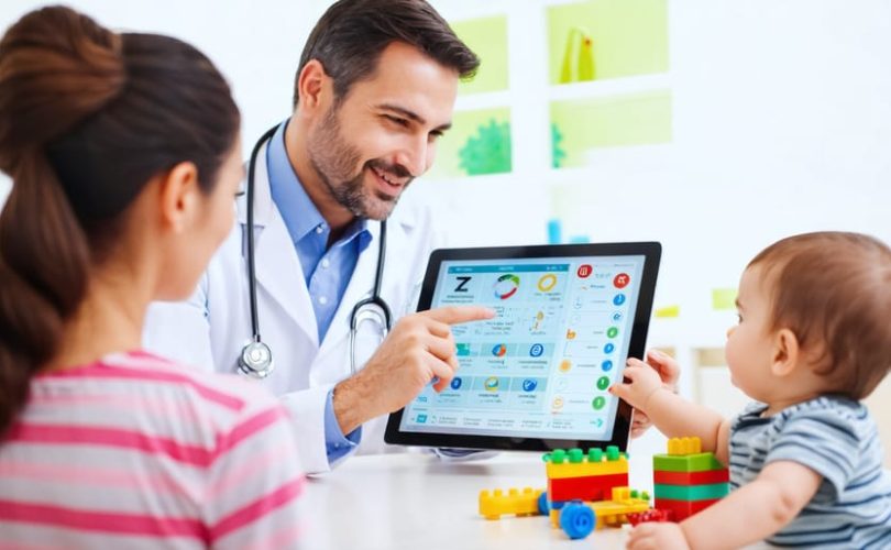 Healthcare provider explaining Z-codes to a parent in a clinic while a child plays with toys in the background.