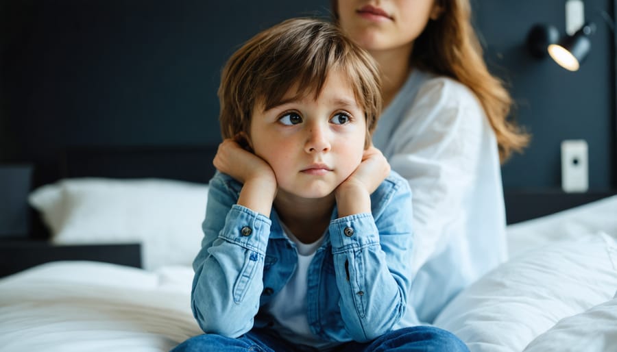 Lonely child in foreground with distracted parent in background