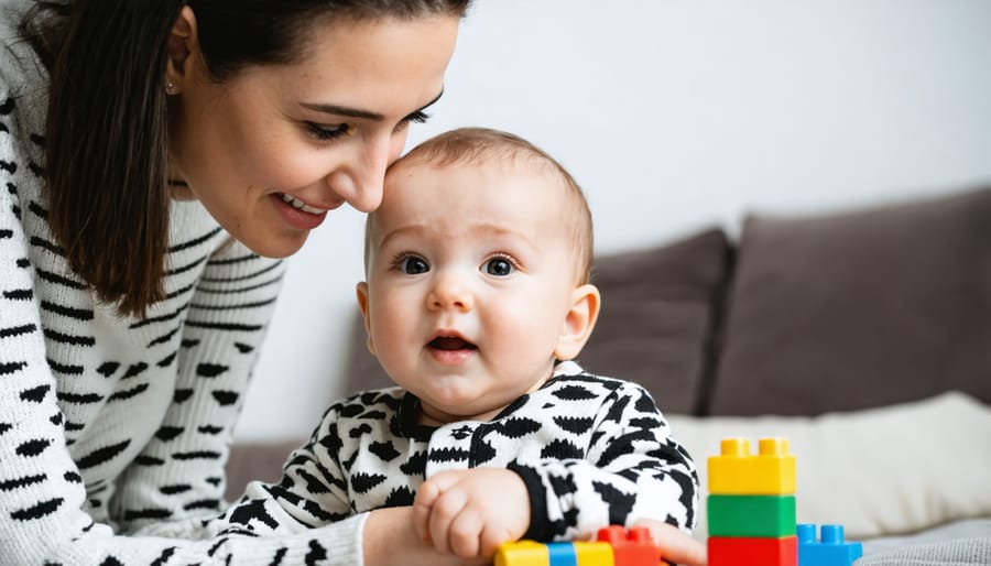 Parent showing high-contrast visual stimuli to an attentive infant