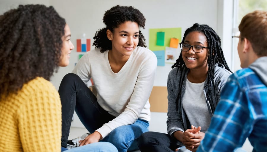 Youth and mentors sitting in a circle during an engaging group discussion session