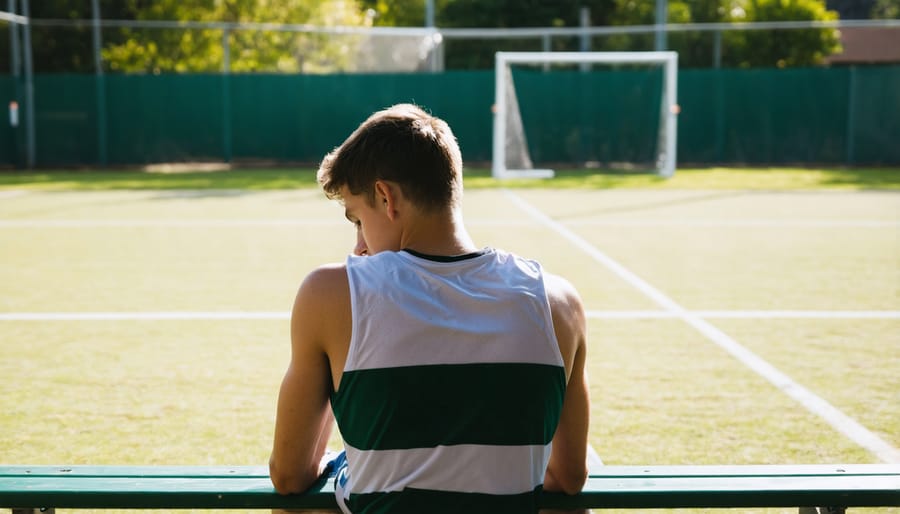 Worried young athlete experiencing pre-game anxiety on sideline bench