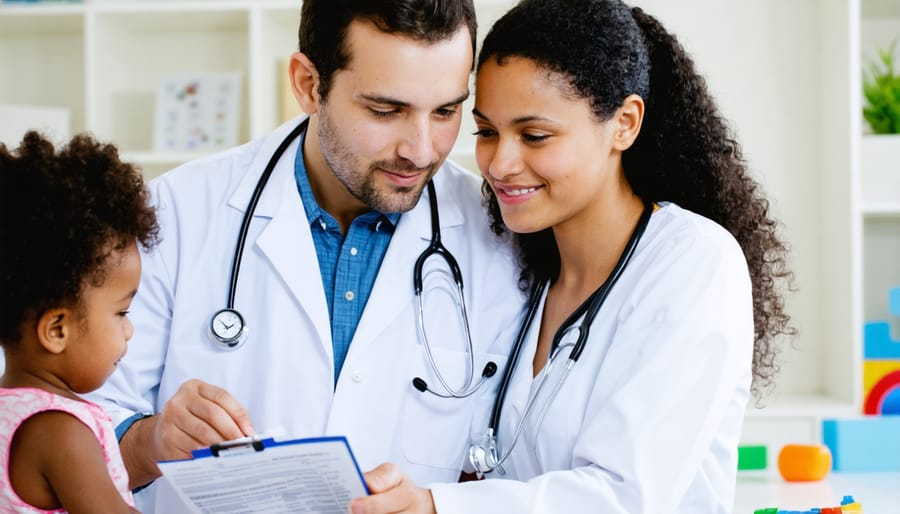 Healthcare provider explaining Z-codes to a parent while child plays with toys nearby