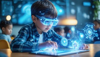 Child learning in a futuristic classroom with a tablet displaying holographic AR content, representing the interaction of 5G and AI technologies in education.