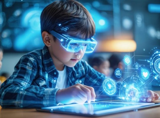 Child learning in a futuristic classroom with a tablet displaying holographic AR content, representing the interaction of 5G and AI technologies in education.