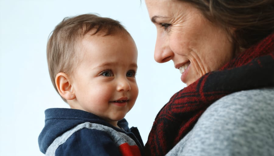 Parent kneeling at child's level, maintaining warm eye contact while listening attentively