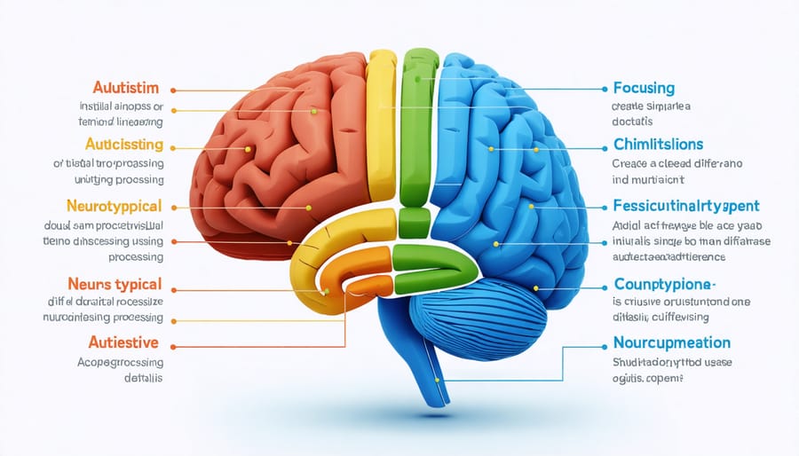 Side-by-side comparison of visual processing pathways in autistic and neurotypical brains