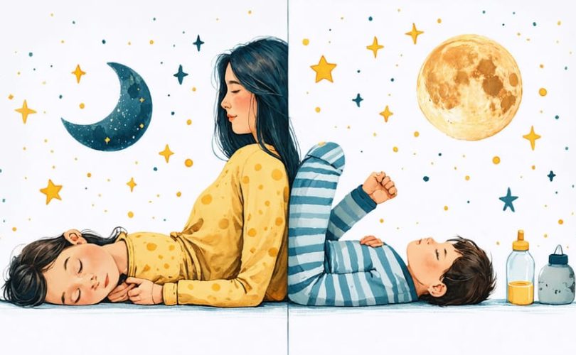 Illustration of a parent balancing exhaustion and active care, depicting the dual challenge of managing sleep deprivation and childcare responsibilities.