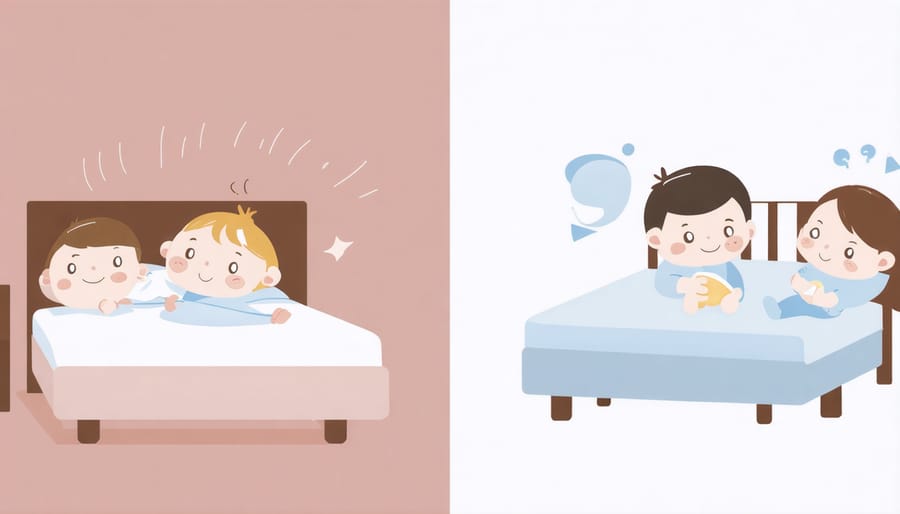 Split image showing peaceful bedtime routine contrasted with challenging bedtime behavior