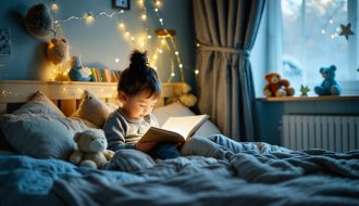 Parent and toddler sharing a bedtime story in a cozy, dimly-lit bedroom, highlighting the warmth and tranquility of a bedtime routine.