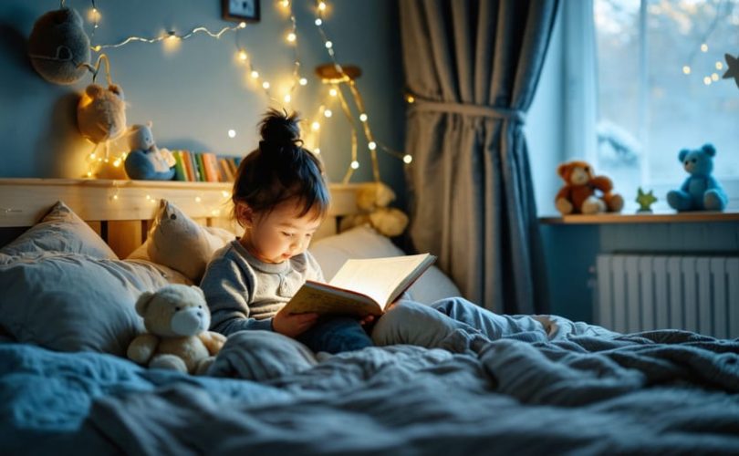 Parent and toddler sharing a bedtime story in a cozy, dimly-lit bedroom, highlighting the warmth and tranquility of a bedtime routine.