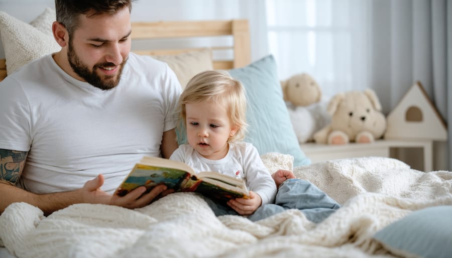 Parent and two-year-old child reading bedtime story together in dimly lit room with nightlight