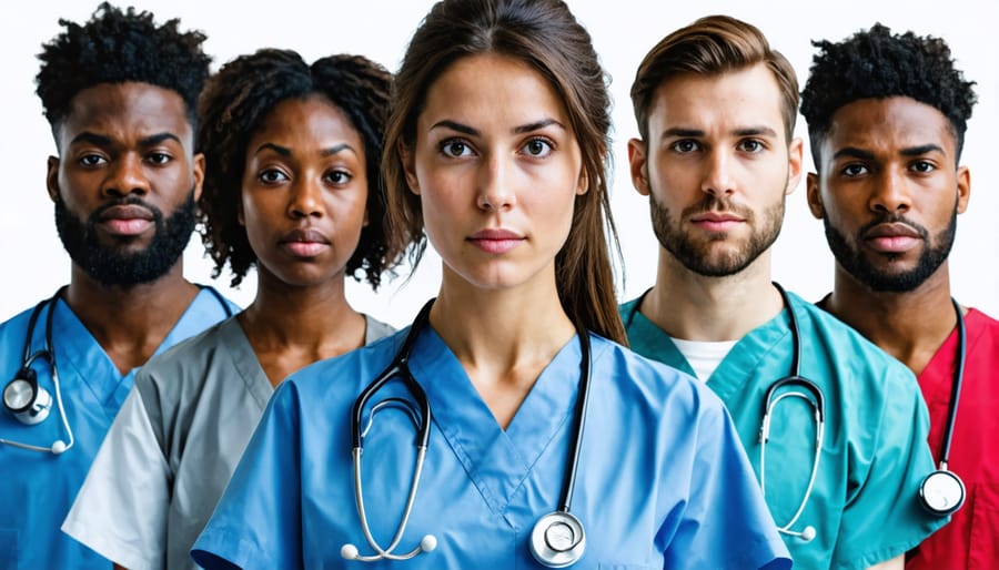 Healthcare workers with concerned expressions displaying visible signs of emotional exhaustion