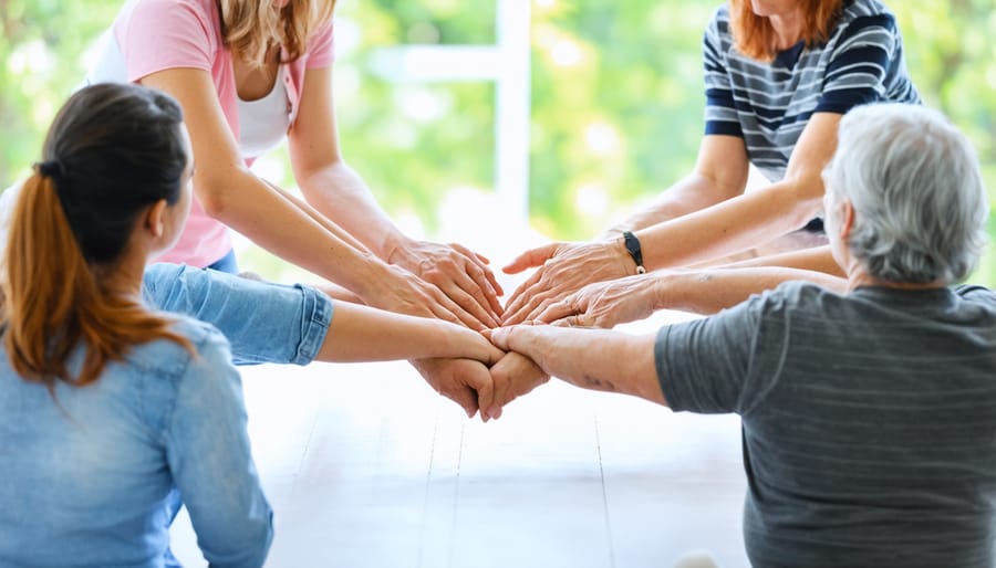 Diverse group of caregivers sitting in a circle during a support group meeting