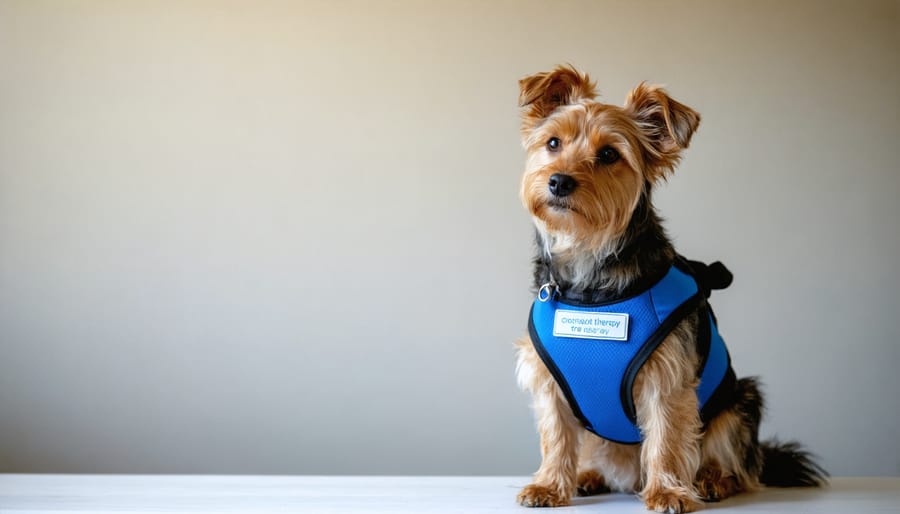 Certified therapy dog wearing professional identification vest and badges