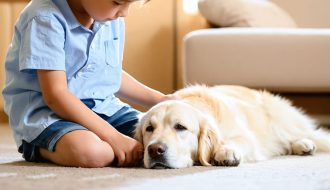 A young child in a therapy session, gently petting a calm golden retriever with its head resting on their lap in a cozy, therapeutic setting.