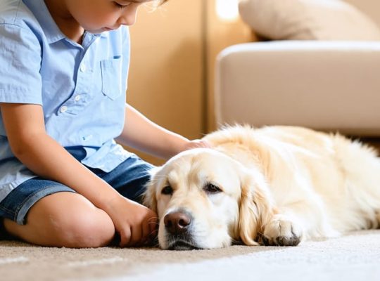 A young child in a therapy session, gently petting a calm golden retriever with its head resting on their lap in a cozy, therapeutic setting.