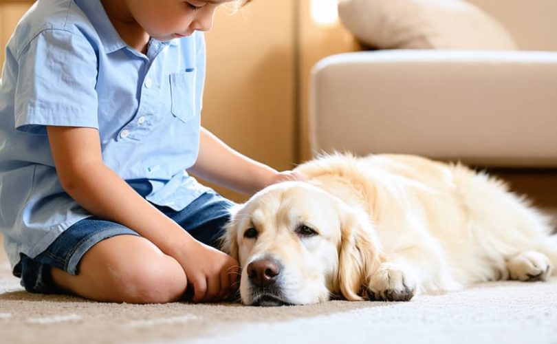 A young child in a therapy session, gently petting a calm golden retriever with its head resting on their lap in a cozy, therapeutic setting.