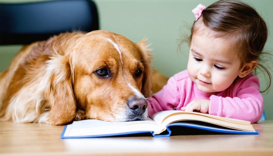 Young child reading to a calm therapy dog during a counseling session