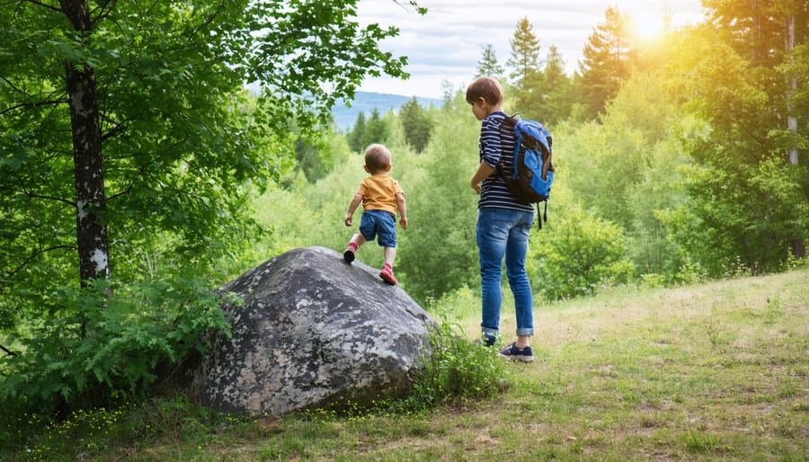 Young child safely climbing a rock while parent provides supervision and support