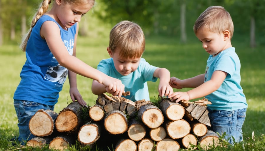 Children collaborating to construct a woodland shelter using branches and leaves