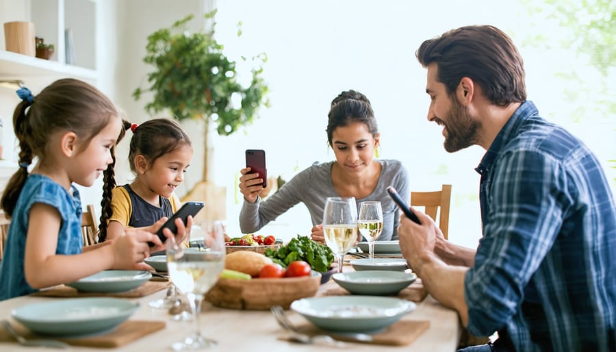 Family of four enjoying dinner together at a phone-free table, sharing stories and smiles