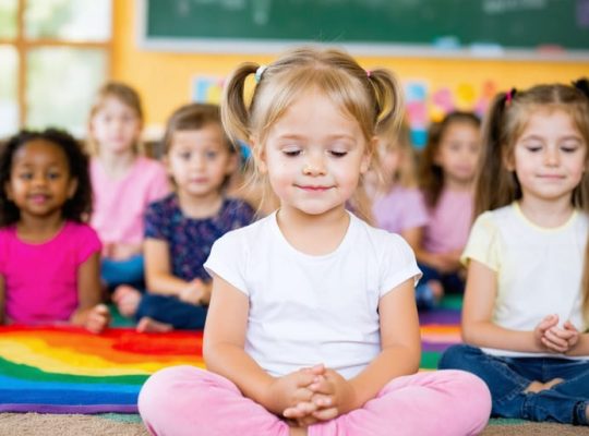 A diverse group of children practicing various mindfulness exercises in a classroom, including deep breathing, sensory awareness, and gentle movements, all promoting a calm and focused environment.