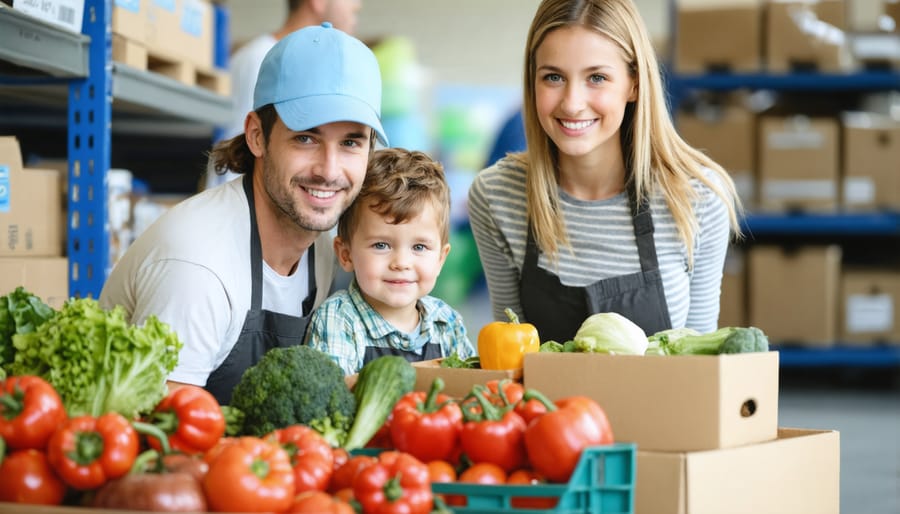 Family members of different ages working together to sort donations at a local food bank