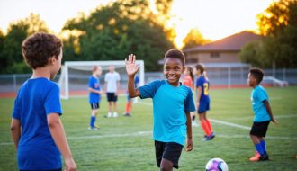 A diverse group of young athletes playing soccer, showcasing teamwork and personal growth under a glowing sunset, with a supportive coach in the background.