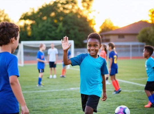 A diverse group of young athletes playing soccer, showcasing teamwork and personal growth under a glowing sunset, with a supportive coach in the background.