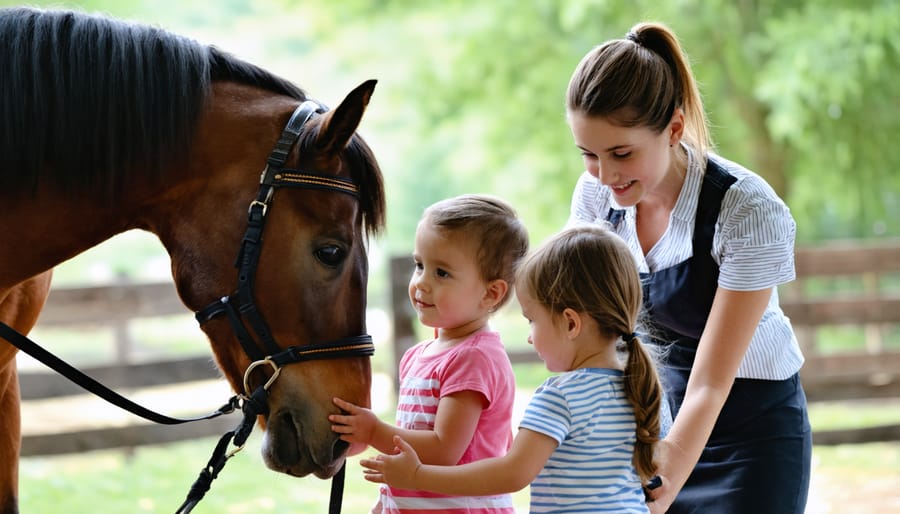 Children participating in group equine therapy with a professional therapist