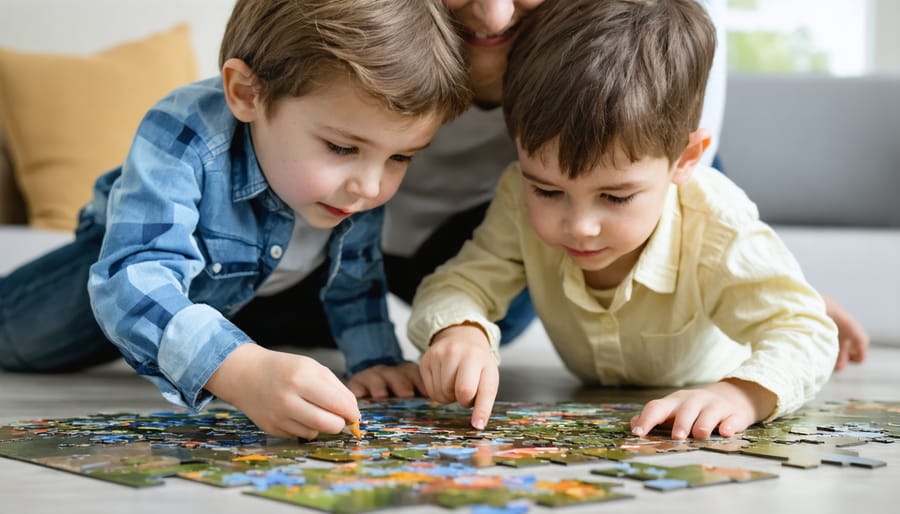 Two children collaborating on a puzzle activity with parent providing gentle guidance