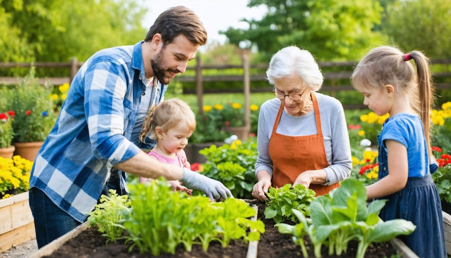 Mixed age group of seniors and children working together planting vegetables in a garden