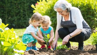 A joyous gathering of children and seniors planting vegetables in a community garden, exemplifying the shared wisdom and nurturing relationships of intergenerational programs.