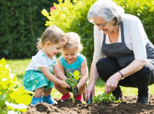 A joyous gathering of children and seniors planting vegetables in a community garden, exemplifying the shared wisdom and nurturing relationships of intergenerational programs.