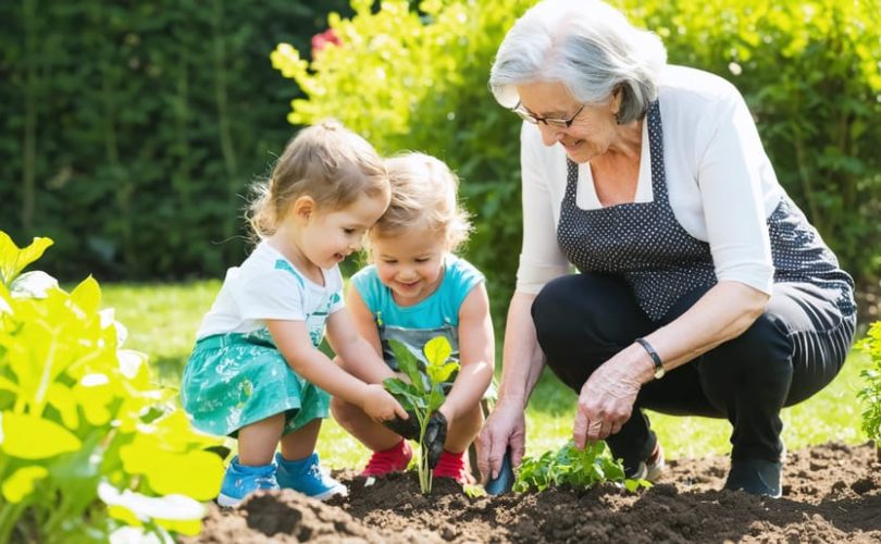 A joyous gathering of children and seniors planting vegetables in a community garden, exemplifying the shared wisdom and nurturing relationships of intergenerational programs.